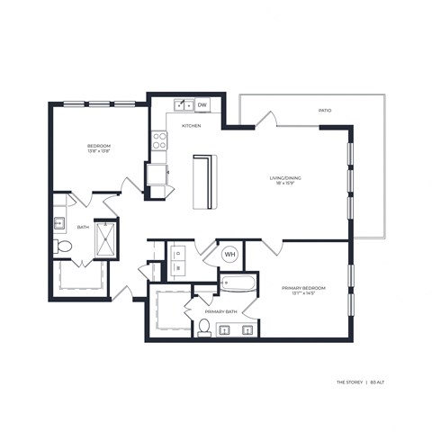 Floor plan for 2 beds, 2 baths, 1291 sqft